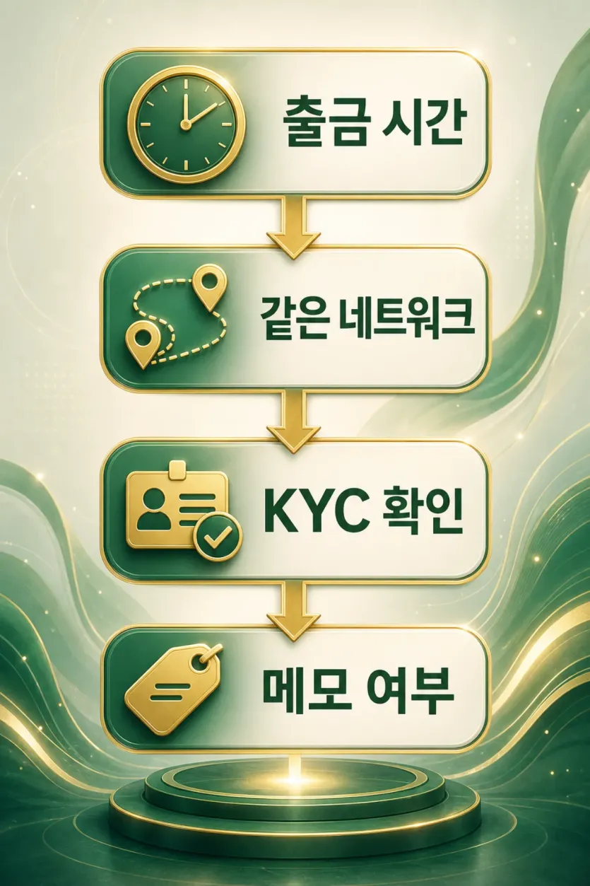락업 상품을 보기 전 출금 시간과 같은 네트워크, KYC, 메모 여부를 먼저 확인하는 인포그래픽 이미지