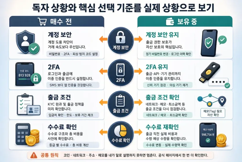 매수 전과 보유 중 상황에서 계정 보안, 2FA, 출금 조건, 수수료 확인 기준을 비교한 이미지