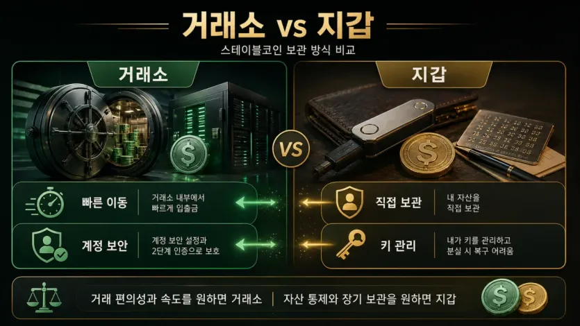 거래소 보관과 지갑 보관의 차이를 비교해 보여주는 이미지