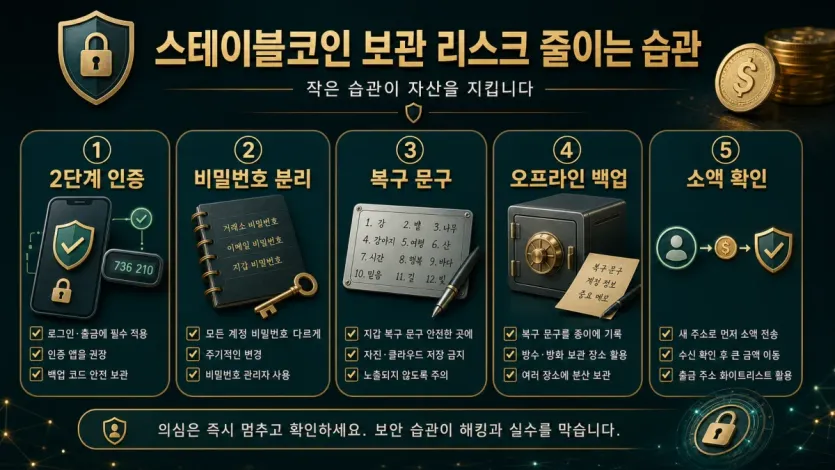 분실과 해킹 위험을 줄이는 보관 습관을 체크리스트로 보여주는 이미지