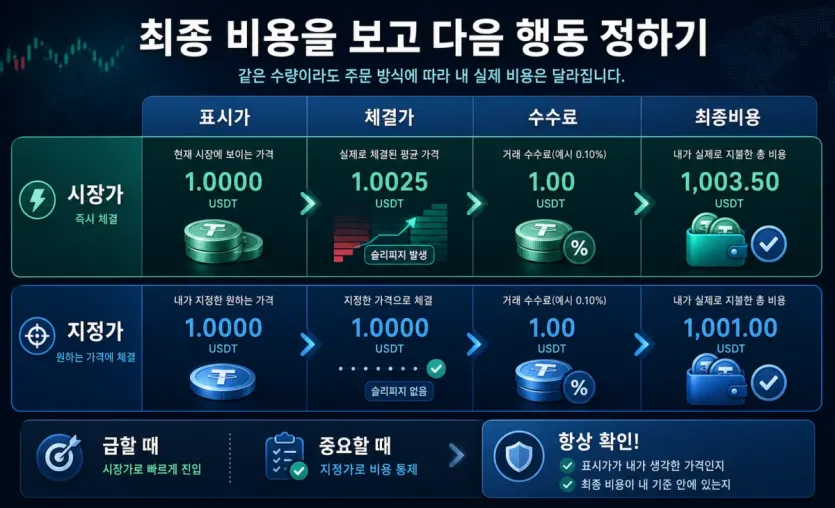 표시가와 체결가, 수수료, 최종비용을 비교해 다음 행동 기준을 정리한 인포그래픽 이미지
