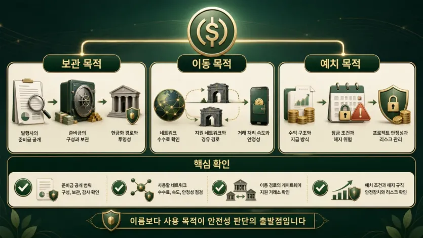 보관 목적과 이동 목적, 예치 목적에 따라 확인 항목이 달라지는 구조를 정리한 인포그래픽 이미지