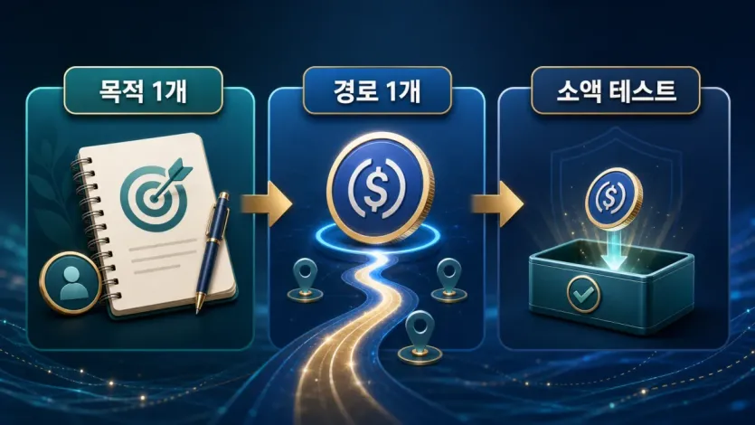 초보자가 목적 하나와 경로 하나를 정한 뒤 소액 테스트로 마무리하는 흐름 이미지