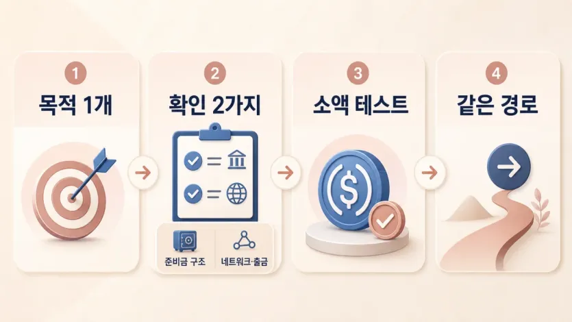 처음에는 하나의 USDC 사용 장면만 정해도 된다는 메시지를 보여주는 이미지