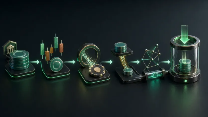 환전 오차와 출금 수수료가 실제 도착 수량을 줄이는 과정을 오브젝트 흐름으로 보여주는 이미지