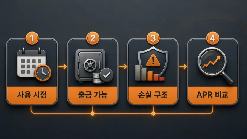 APR 전에 사용 시점과 출금 가능 여부, 손실 구조를 먼저 확인하는 순서를 보여주는 이미지