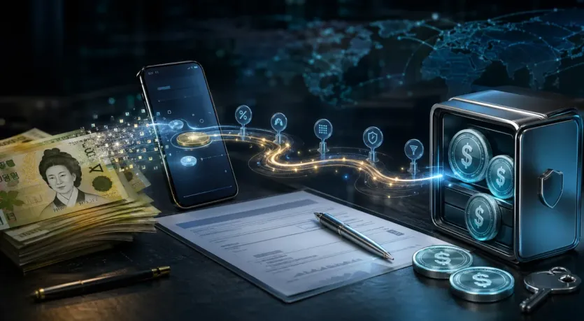 원화에서 달러 스테이블코인으로 이동할 때 환율과 수수료 경로가 실제 도착 수량을 바꾸는 흐름을 보여주는 대표 이미지