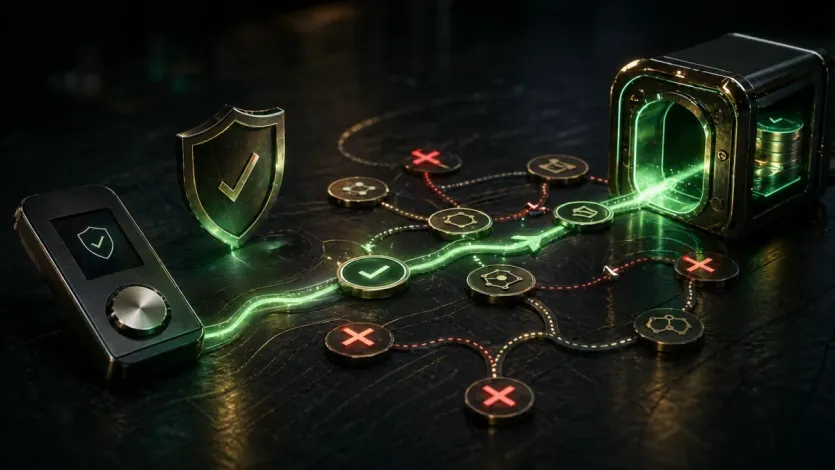 스테이블코인 송금 전에 지원 네트워크와 안전 경로를 맞추는 과정을 오브젝트와 경로로 보여주는 이미지