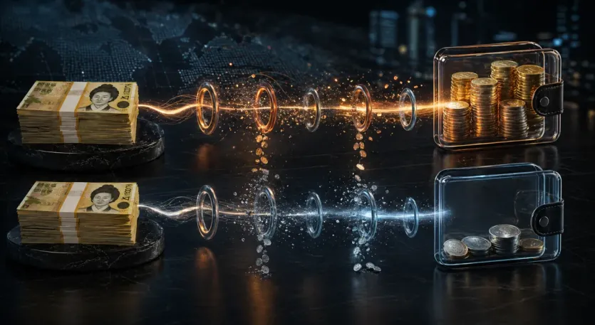 같은 원화 금액도 환율과 수수료 경로 차이로 최종 도착 수량이 달라지는 장면을 비교하는 이미지