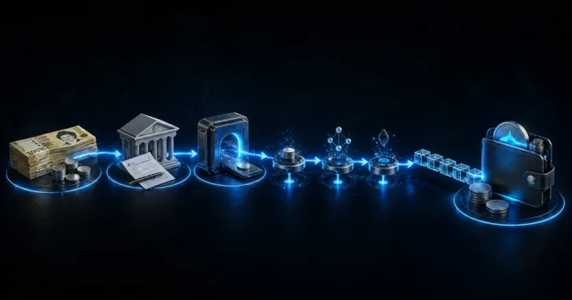 원화 출발 금액이 은행과 거래소, 체인 수수료를 거쳐 실제 예치 수량으로 연결되는 흐름을 보여주는 이미지