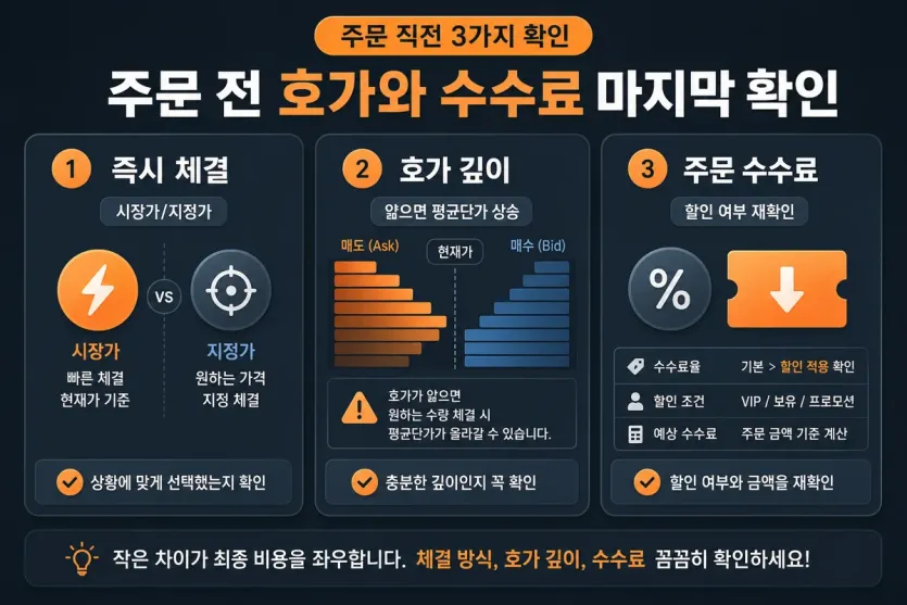 주문 직전 호가 깊이와 수수료 조건을 비교해 보는 인포그래픽 이미지