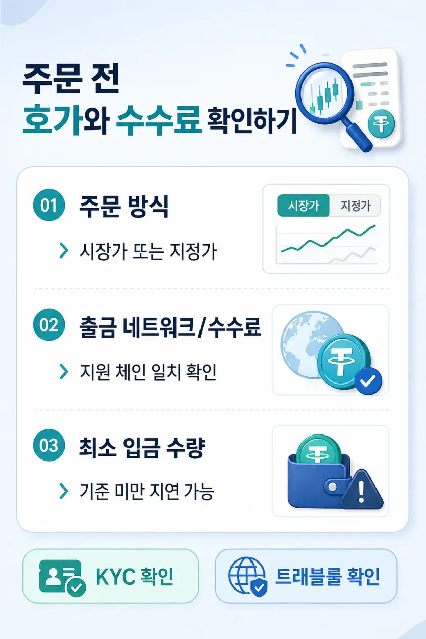 실행 직전 주문 방식과 네트워크, 최소 입금 수량을 확인하는 체크 이미지