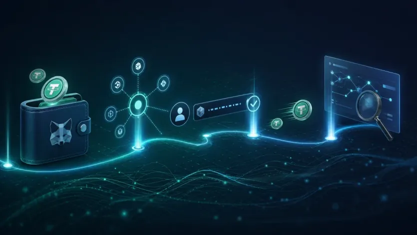 메타마스크에서 스테이블코인을 보내기 전에 네트워크와 확인 순서를 점검하는 흐름을 보여주는 대표 이미지