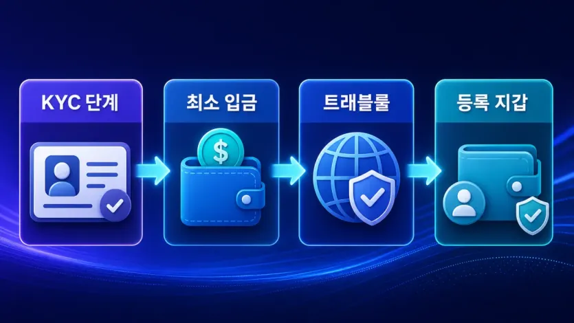 KYC 단계와 최소 입금, 트래블룰, 등록 지갑 확인 순서를 보여주는 이미지