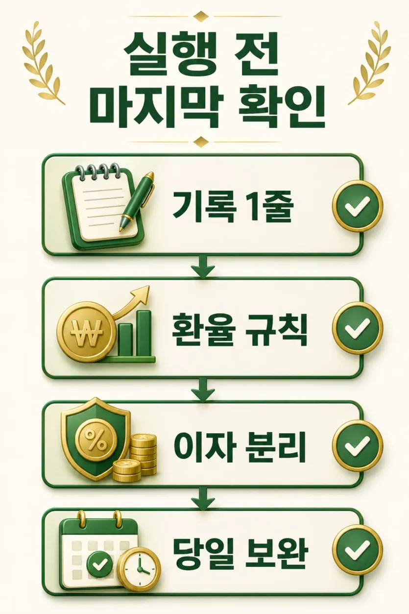 거래 1줄 규칙과 환율 기준, 이자 분리, 당일 보완 순서를 보여주는 인포그래픽 이미지