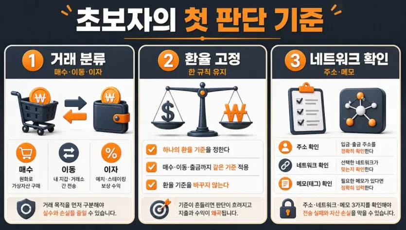 거래 분류와 환율 고정, 네트워크 확인을 초보자 기준으로 비교한 인포그래픽 이미지