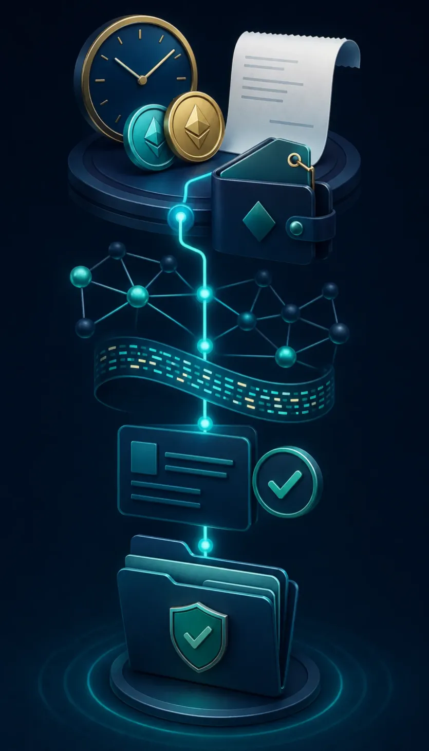 거래 시각과 수수료, 네트워크, 증빙 링크를 한 줄 기록으로 묶어 관리하는 흐름을 보여주는 이미지