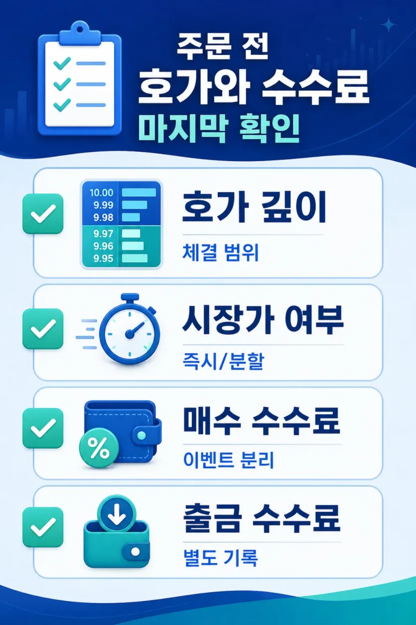 호가 깊이와 시장가 여부, 매수 수수료, 출금 수수료를 주문 전에 확인하는 체크 이미지