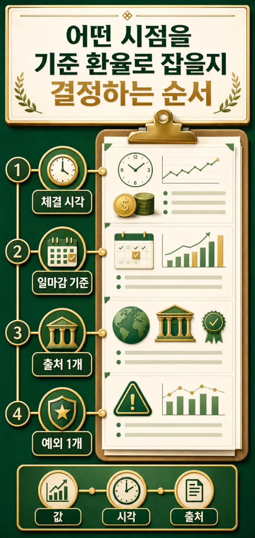 체결 시각과 일마감 기준, 출처 1개, 예외 1개로 환율 기준을 고정하는 순서를 보여주는 인포그래픽 이미지