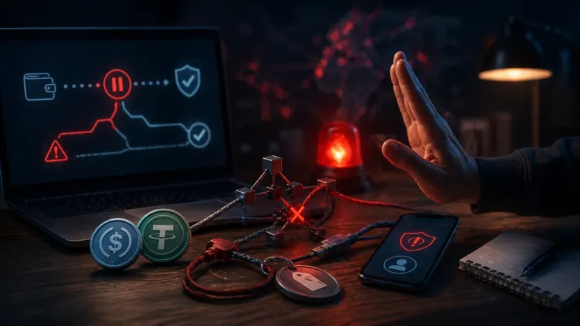 송금 전 경고 신호와 경로 점검이 필요한 상황을 보여주는 이미지