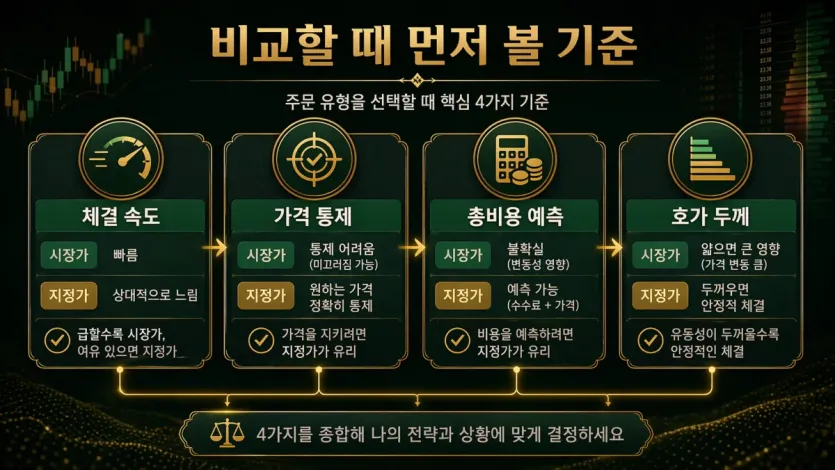 체결 속도와 가격 통제, 총비용 예측, 호가 두께를 비교하는 기준 이미지