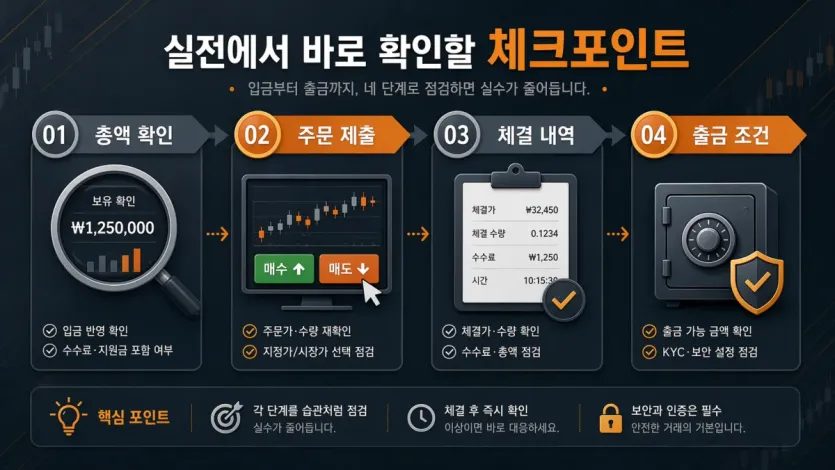 총액 확인부터 체결 내역과 출금 조건까지 실전 점검 순서를 보여주는 이미지