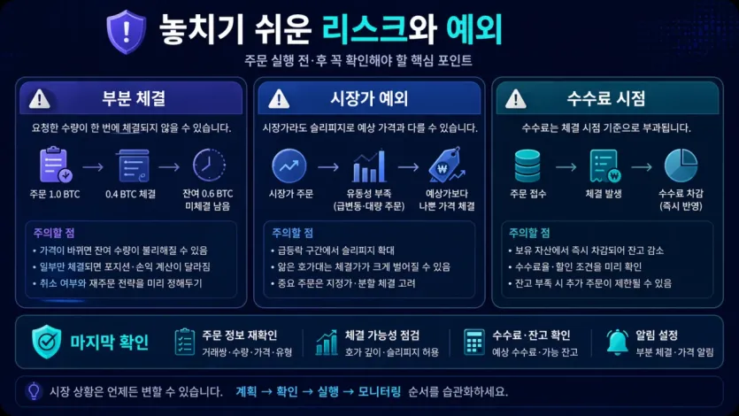 부분 체결과 시장가 예외, 수수료 적용 시점을 점검하는 리스크 체크 이미지