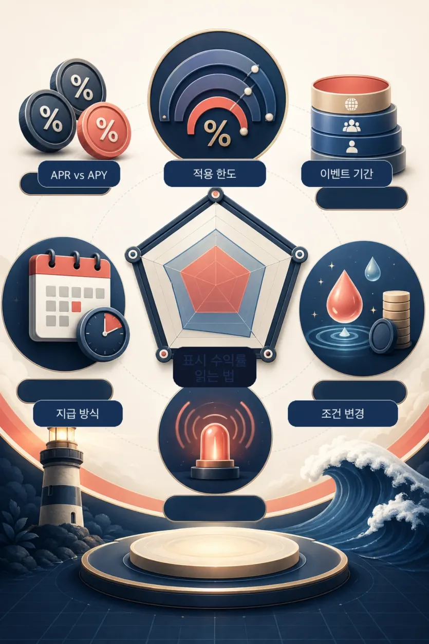 APR과 APY, 적용 한도, 이벤트 기간, 지급 방식, 조건 변경을 함께 읽는 비교 이미지