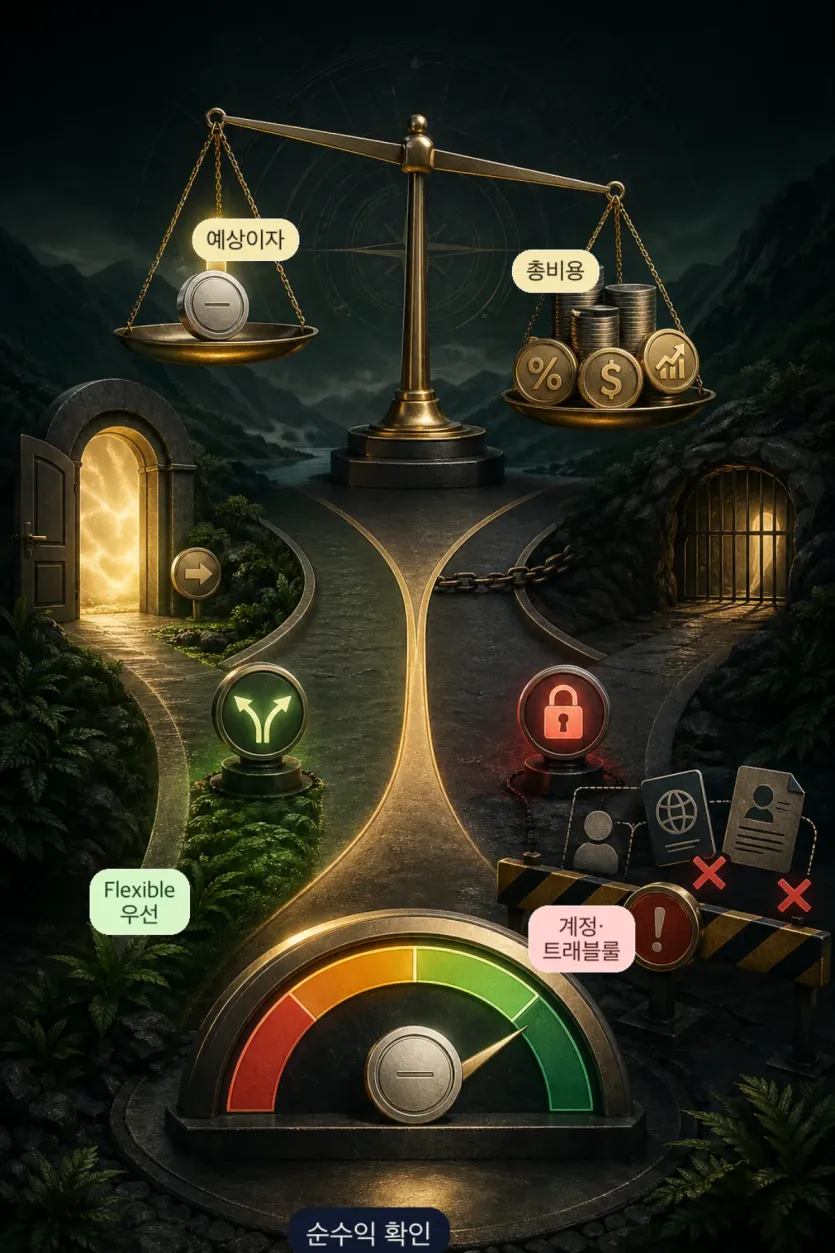 예상이자와 총비용, Flexible과 Locked, 계정 조건을 함께 비교해 순수익을 판단하는 이미지
