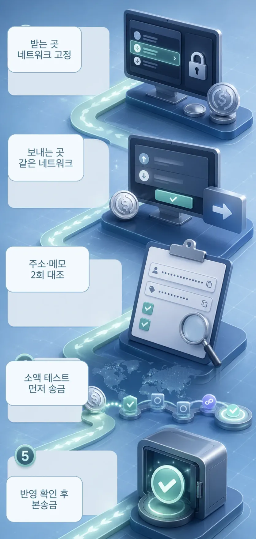 받는 거래소 네트워크 고정부터 소액 테스트 송금까지 순서대로 보여주는 이미지