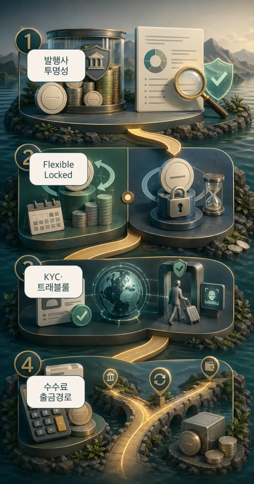 예치 상품을 고르기 전 발행사 투명성, 상품 조건, KYC, 출금 경로를 점검하는 흐름 이미지