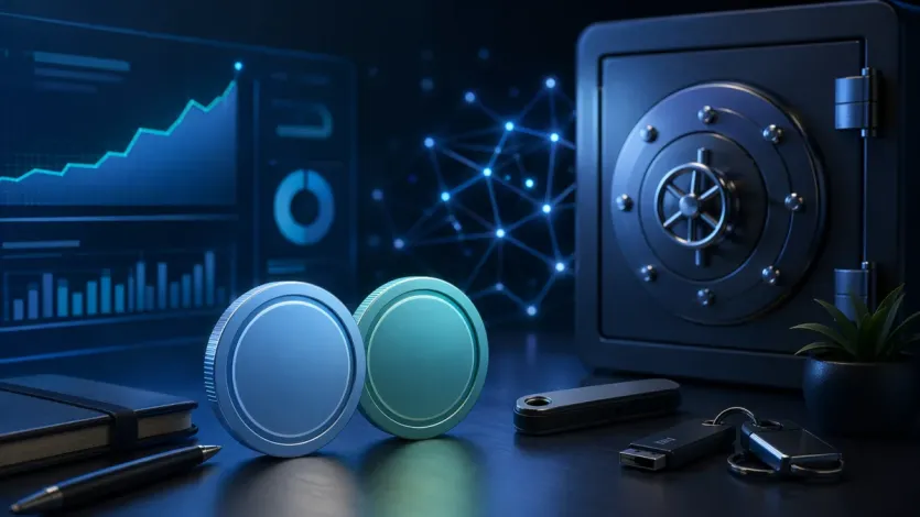 스테이블코인 자동 예치 설정 전 보안과 잔고 관리 흐름을 보여주는 대표 이미지