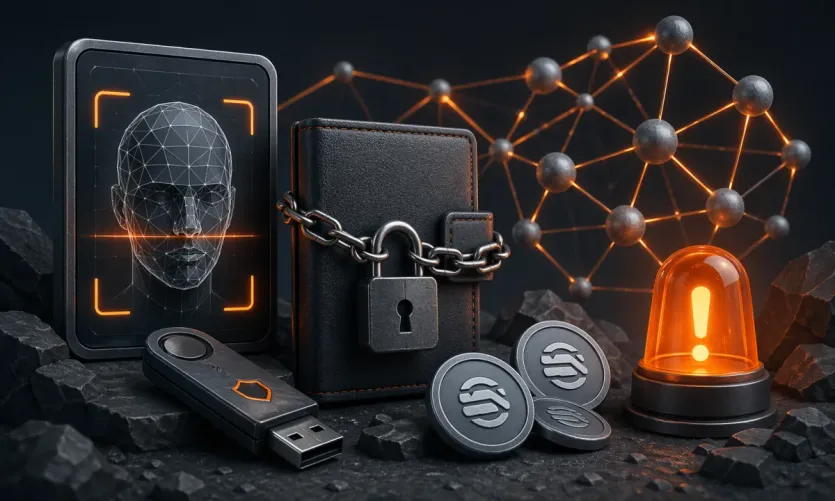 계정 보안과 본인인증, 출금 주소, 입금 네트워크 확인을 상징하는 이미지