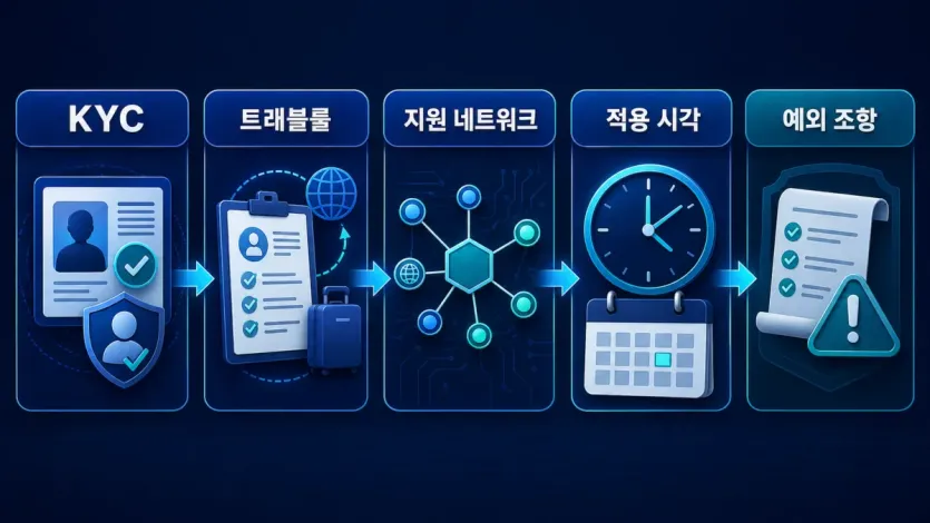 KYC, 트래블룰, 지원 네트워크, 적용 시각, 예외 조항을 확인하는 거래소 점검 이미지