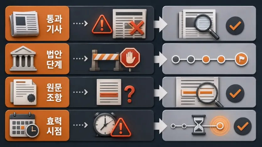 통과 기사와 실제 효력 시점을 구분해 읽는 오해 방지 이미지