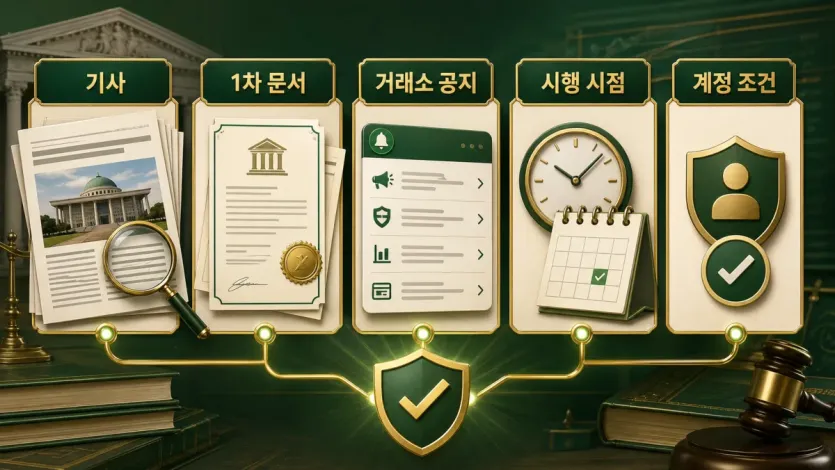 기사, 1차 문서, 거래소 공지, 시행 시점, 계정 조건을 함께 확인하는 규제 검증 이미지