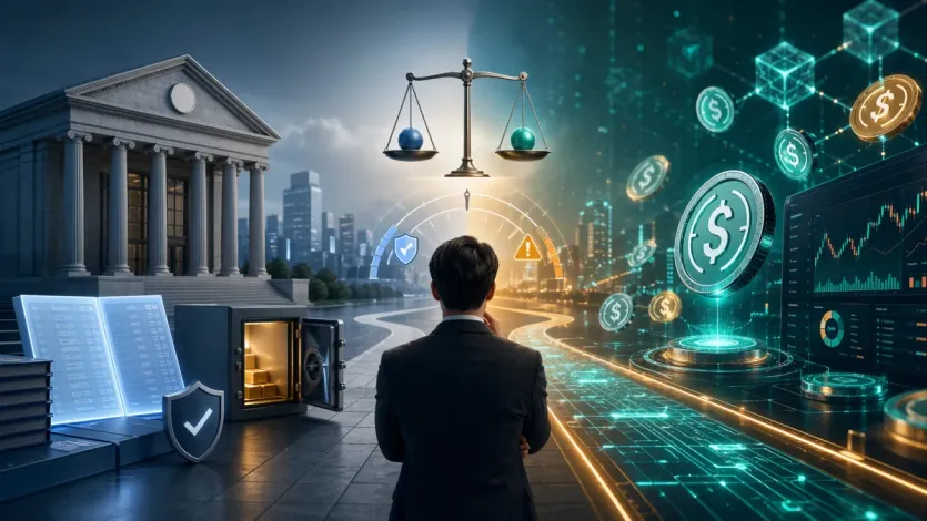 달러 예금과 스테이블코인 예치의 판단 갈림길을 보여주는 대표 이미지