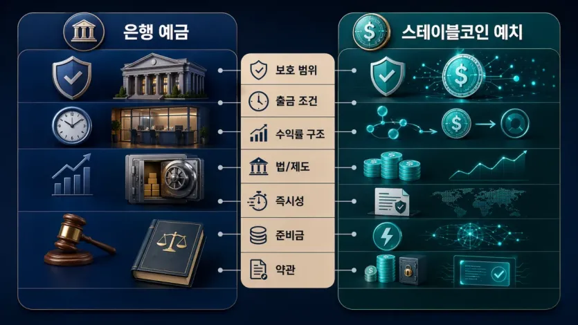 보호 범위와 출금 조건, 수익률 구조를 기준으로 은행 예금과 스테이블코인 예치를 비교한 이미지