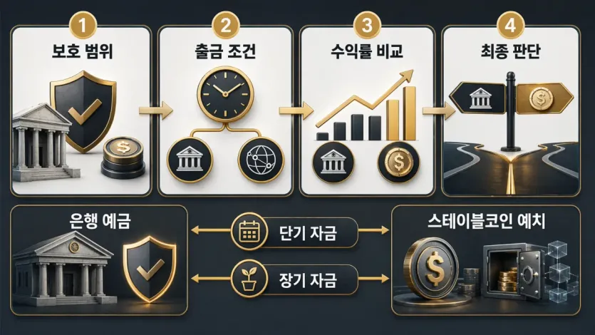보호 범위 확인 후 출금 조건과 수익률을 순서대로 판단하는 초보자 의사결정 흐름 이미지