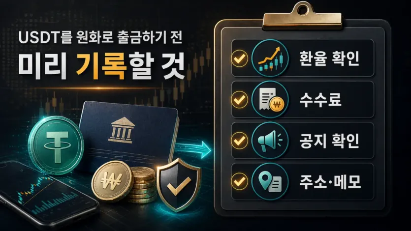 환율, 수수료, 공지, 주소와 메모 확인 항목을 정리한 출금 전 체크리스트 이미지