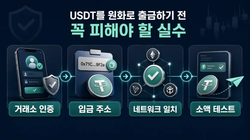 거래소 인증, 입금 주소, 네트워크 일치, 소액 테스트 순서를 보여주는 USDT 원화 출금 전 체크 이미지