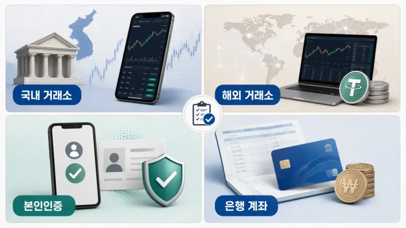 국내 거래소, 해외 거래소, 본인인증, 은행 계좌 준비물을 비교해 보여주는 이미지