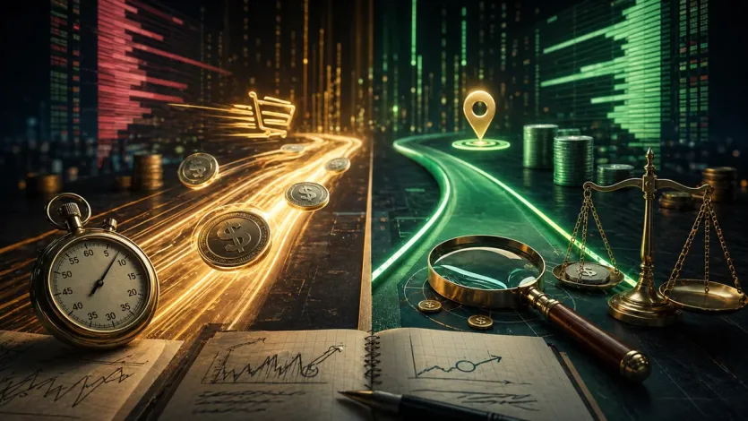 즉시 체결과 목표 가격 유지 사이에서 주문 방식이 총비용을 바꾸는 장면을 보여주는 이미지