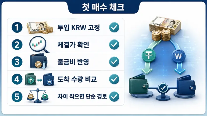 첫 매수 전에 투입 금액과 체결가, 출금비, 도착 수량을 같은 기준으로 점검하는 체크리스트 이미지