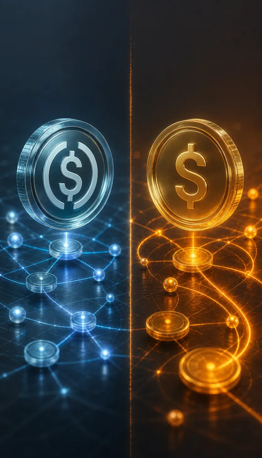 USDC의 뜻과 가격, 이동 개념이 서로 다르다는 점을 대비해 보여주는 이미지