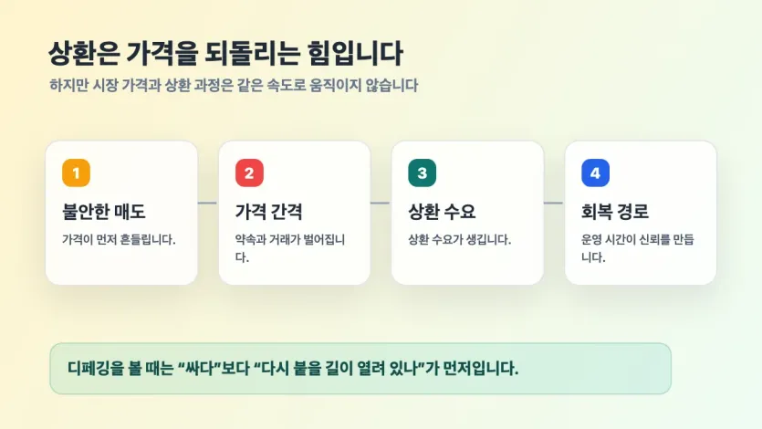 스테이블코인 디페깅 때 거래소 가격과 상환 과정이 다른 속도로 움직이는 흐름도