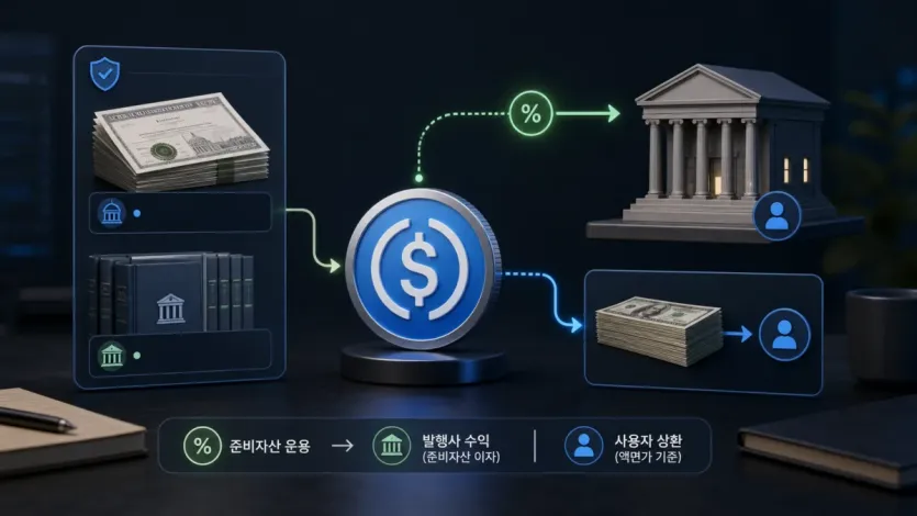 스테이블코인 발행사가 준비금을 운용해 이자 수익을 얻고 사용자는 상환 구조를 통해 달러 가치를 확인하는 흐름